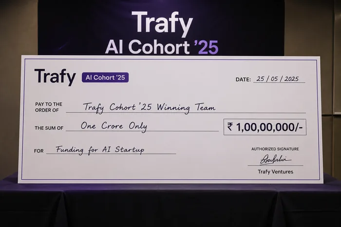 A ₹1,00,00,000 grant cheque presented at Trafy AI Cohort '25