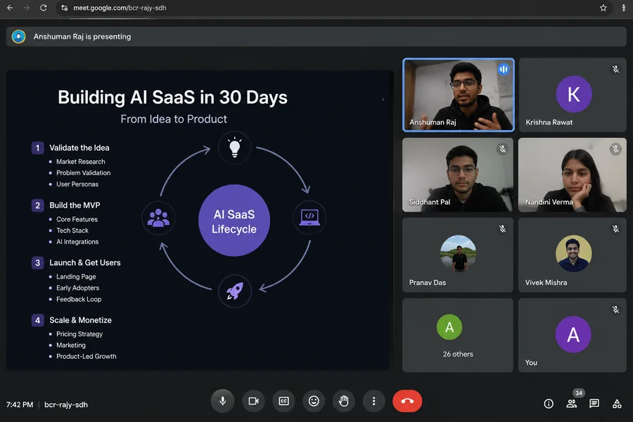 Live class: Building AI SaaS in 30 Days, covering idea validation, MVP build, launch and monetization