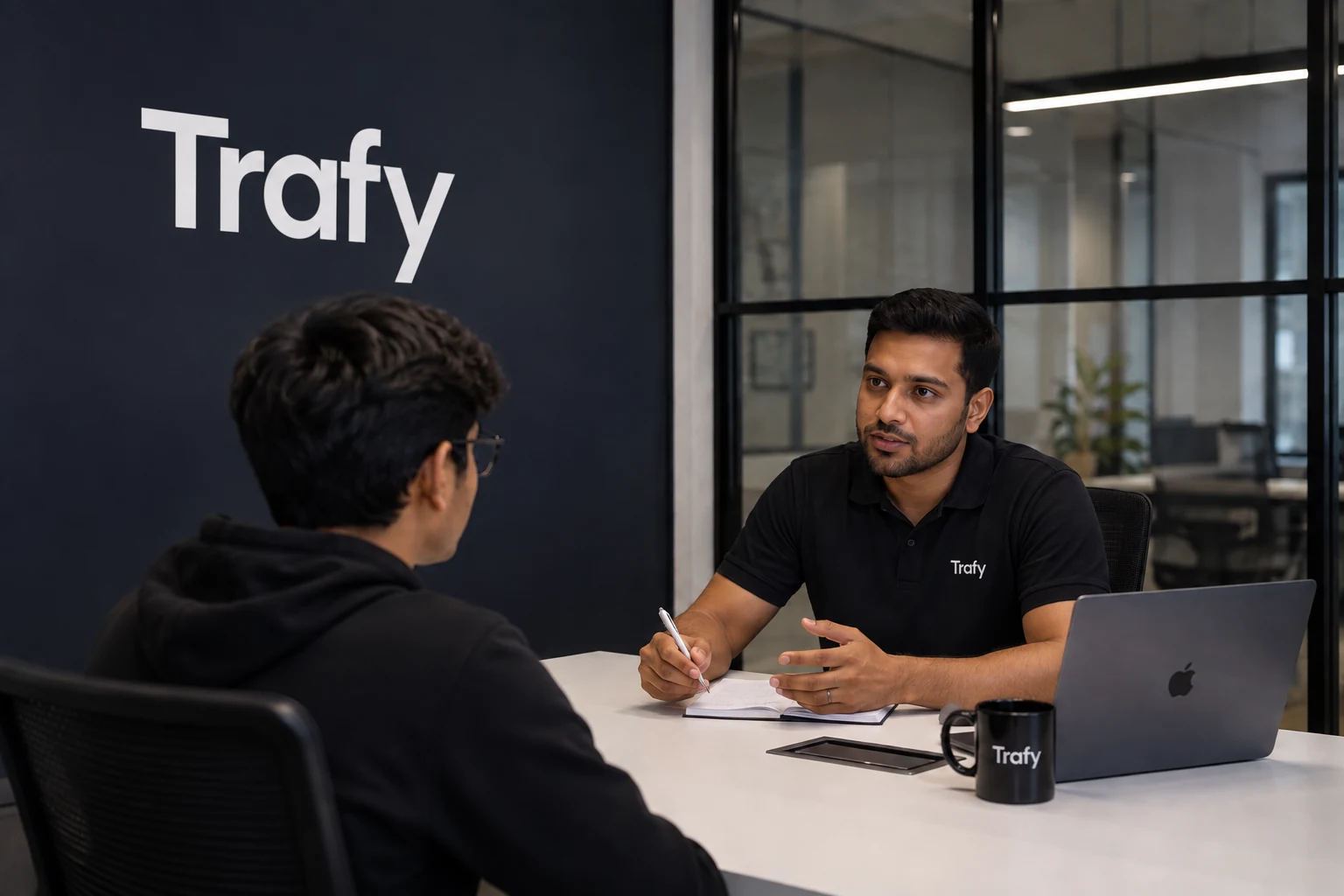A Trafy mentor reviewing a builder's work at the Trafy office