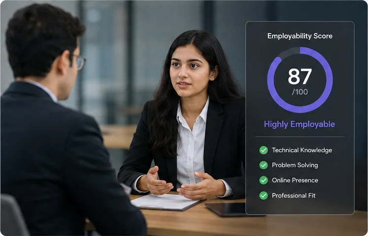 A sample Employability Score of 87/100, Highly Employable, breaking down technical knowledge, problem solving, online presence and professional fit