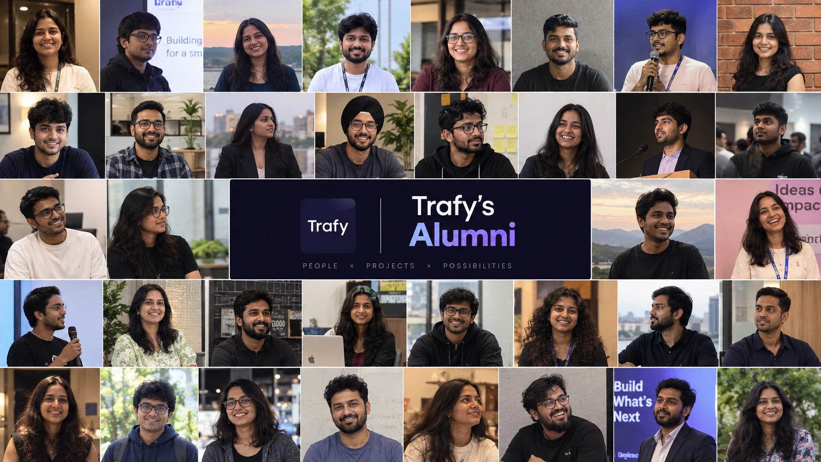 A grid of Trafy alumni portraits from across cohorts