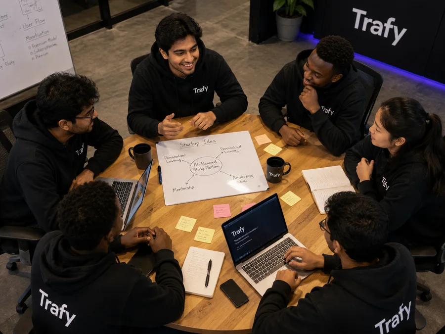 A team of Trafy founders around a table, whiteboarding a startup idea