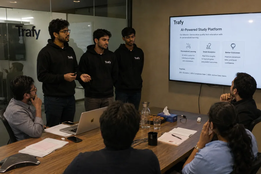 Trafy founders pitching their startup to a room of investors